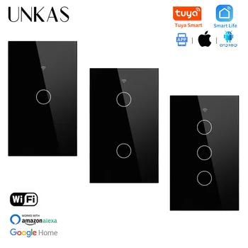 

UNKAS Glass Panel 1/2/3 Gang Tuya APP Touch Smart Wall Switch US Standard Google Home Null and Fire Line WIFI