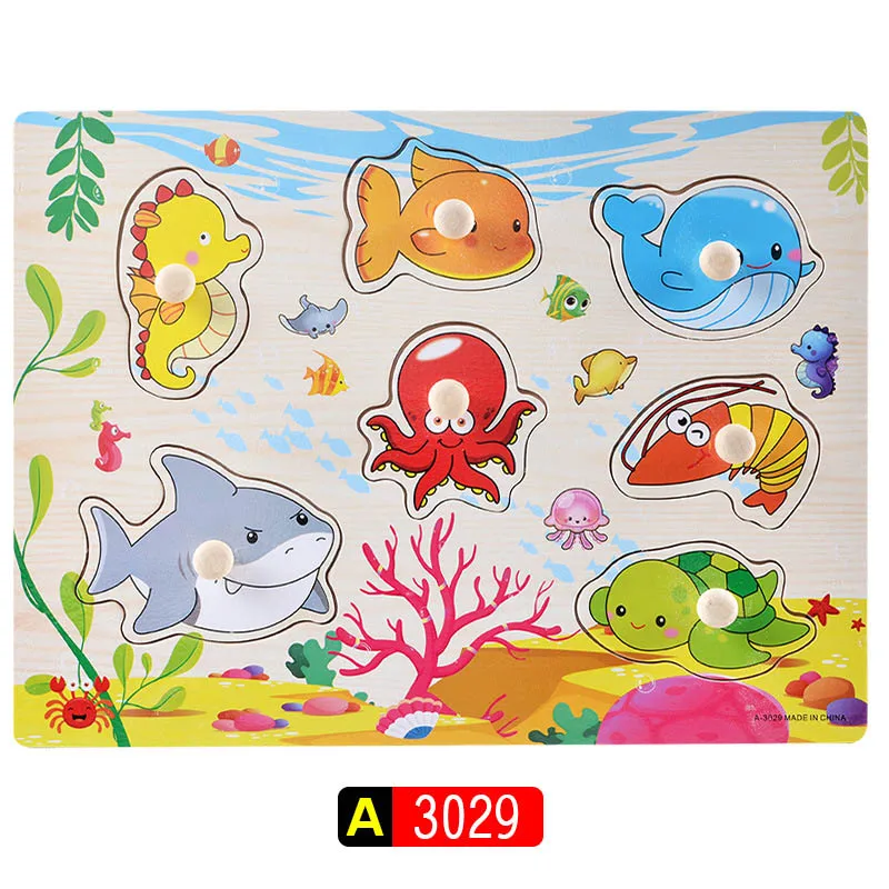 Big Size Baby Montessori Wooden Puzzle Hand Grab Board Set Educational Toys Infantil Cartoon number letter Math Puzzle kids Gift 10