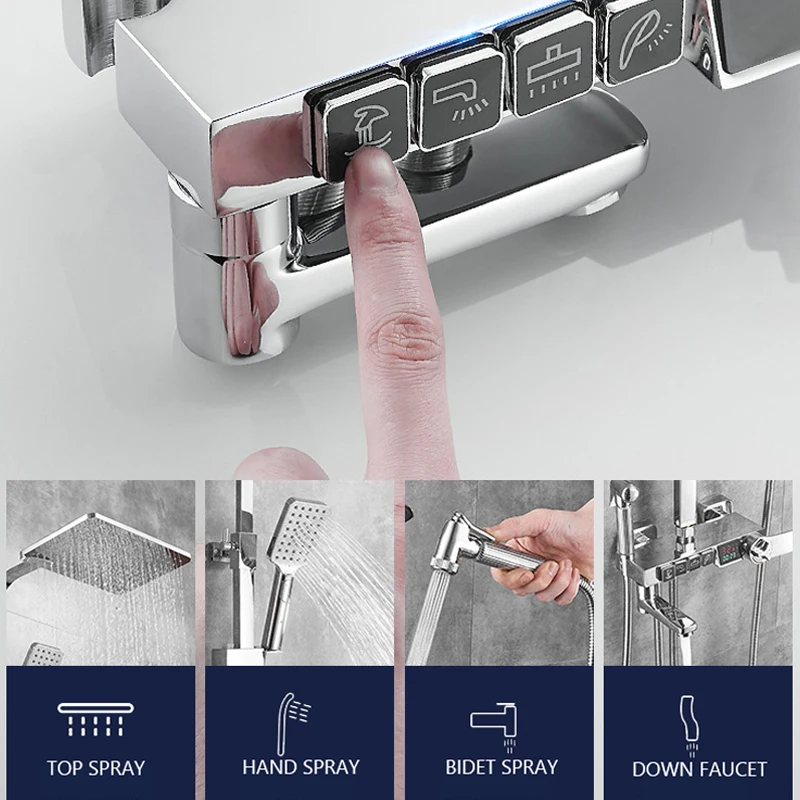 Shower Head Shower Set Thermostatic Shower System Bathroom Wall Mounted LED Digital Showers Set Hot Cold Water Mixer Bath Faucet Square Head Rainfall