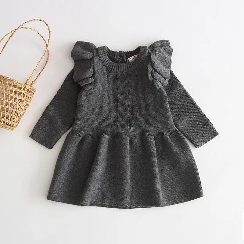 Осенне-зимнее платье-свитер для маленьких девочек модные свитера с оборками для маленьких девочек трикотажное платье, RT608