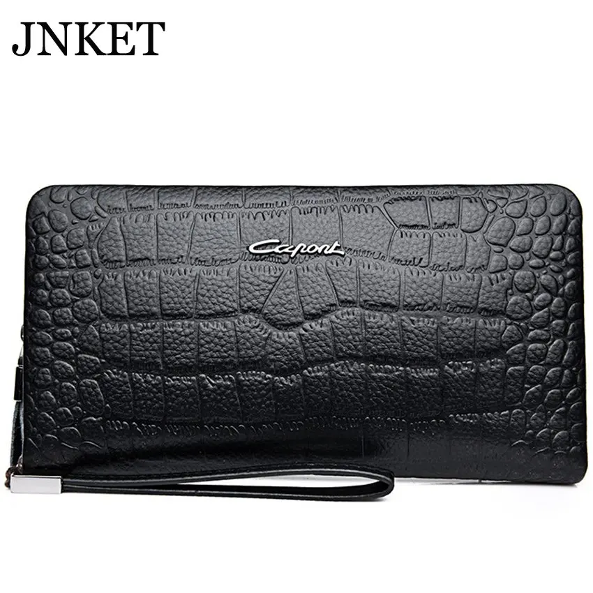 

JNKET Crocodile Pattern Clutch Wallet Cow Leather Men's Clutch Bag Leisure Handbag Large Capacity Zipper Clutch Long Wallet
