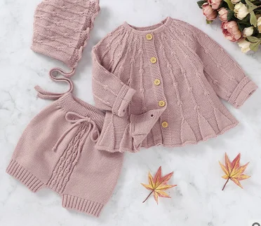 

3Pcs Toddler Baby Girl Fall Outfits, Solid Color Button up Cardigan Sweater + Short Pants + Hat Set