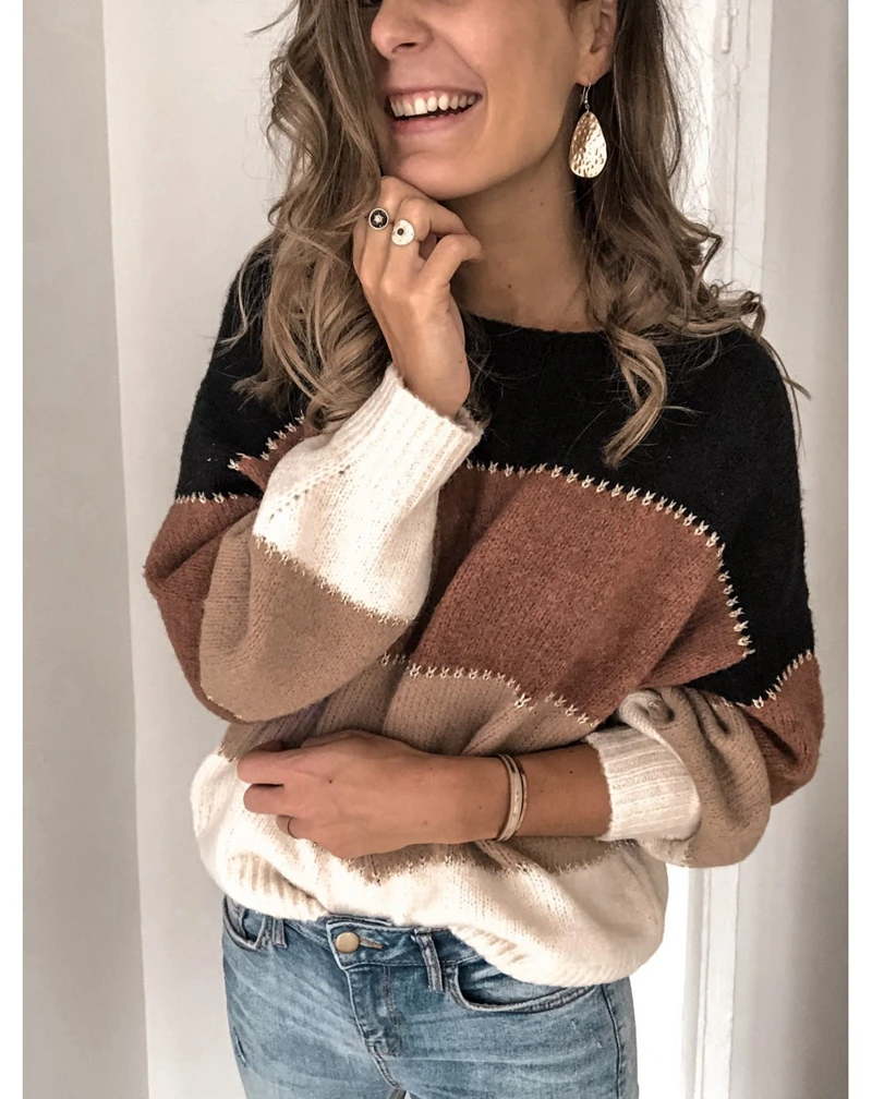 Women Winter jumper Long Sleeve Knitted pull Sweaters Striped Patchwork Autumn Oversize sweater Ladies Casual Loose Pullover