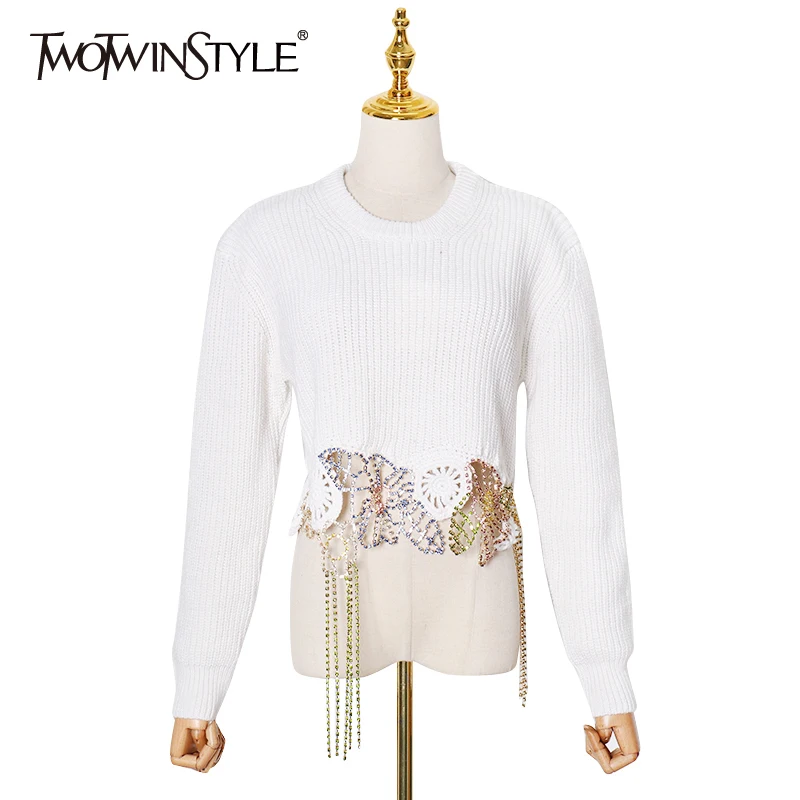 TWOTWINSTYLE Hollow Out Patchwork Tassel Sweater