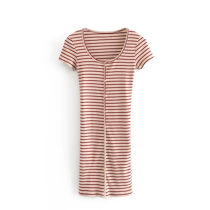 

women elegant stretchy striped dress short sleeve buttons slim fits female casual chic mini dresses