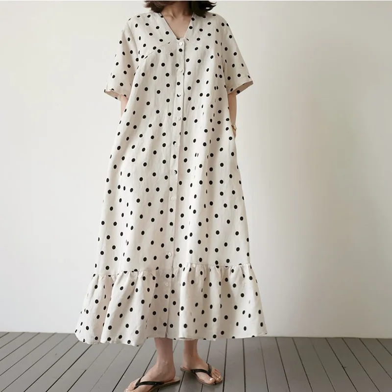 Женское однобортное платье LANMREM свободное в горошек с коротким рукавом большие