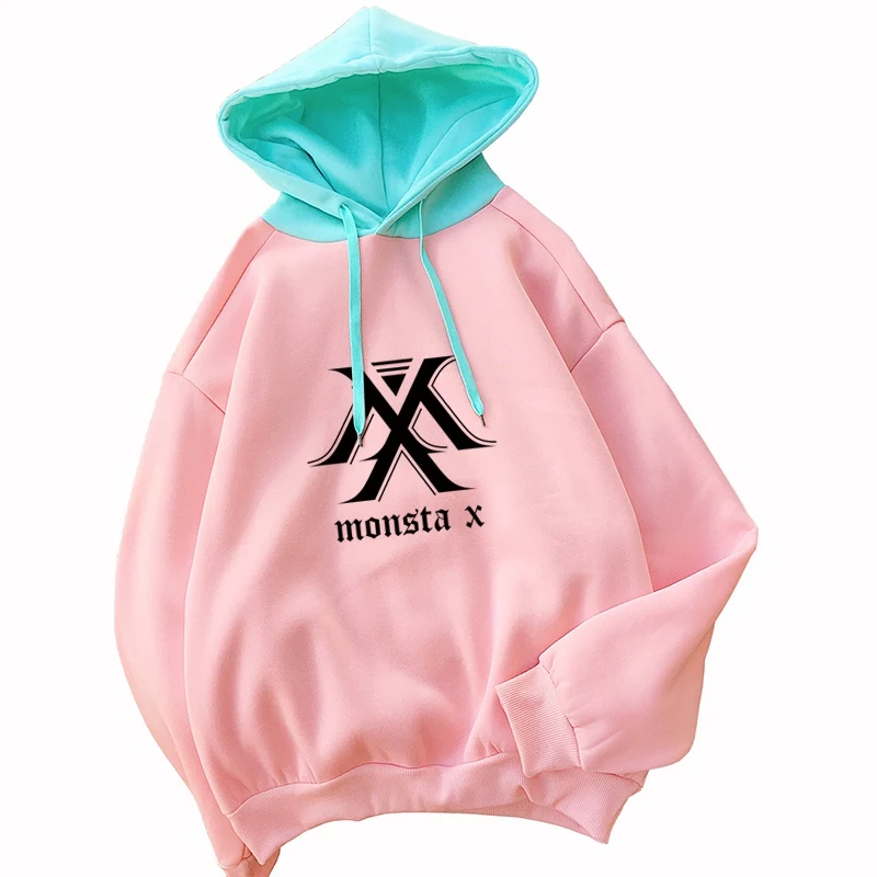 

Women's Hooded Sweatshirts y2k Hit Color Spliced Loose Fleece Letter MONSTA X Kpop Korean Fashion Harajuku Hoodies Woman Clothes