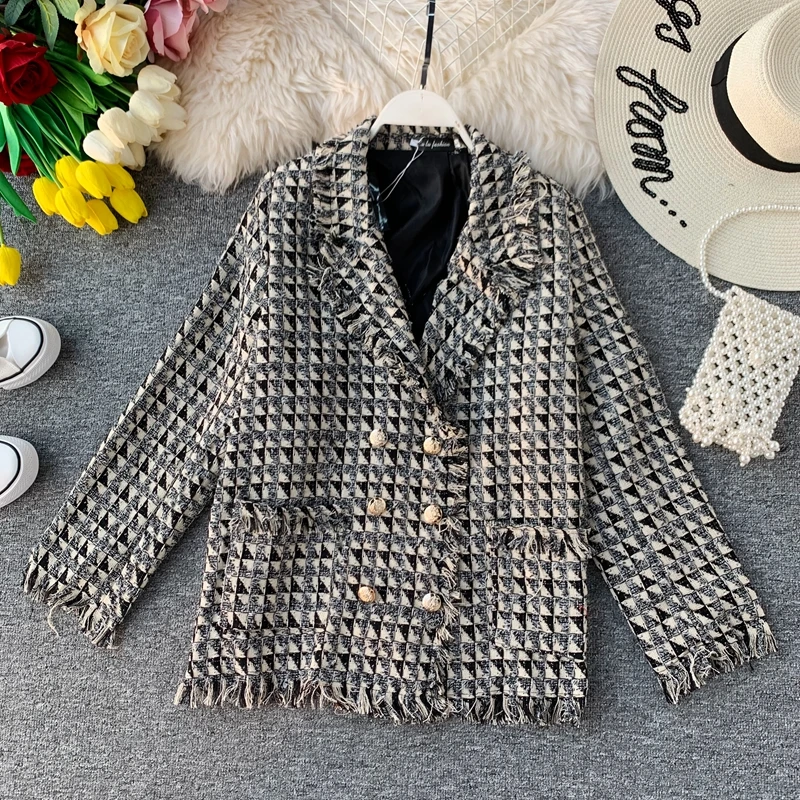 astounding  JoinYouth Tweed Plaid Work Fashion Jacket Women Double Breasted V Neck Office Lady Coat Autumn 2019