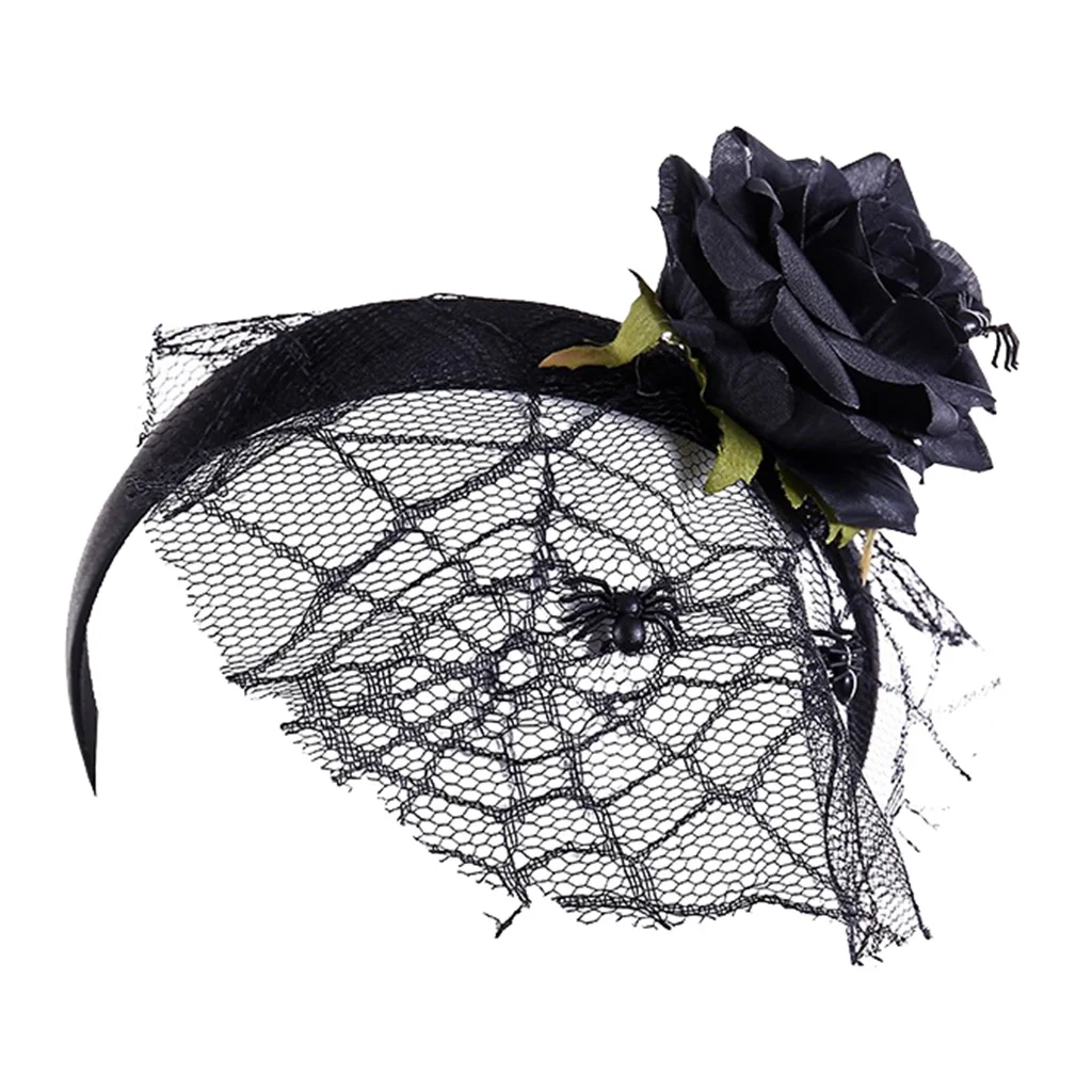 Halloween Black Flower Headband with Veil Headpiece Hair Band Hoop Mexican Fancy Dress Headpiece 