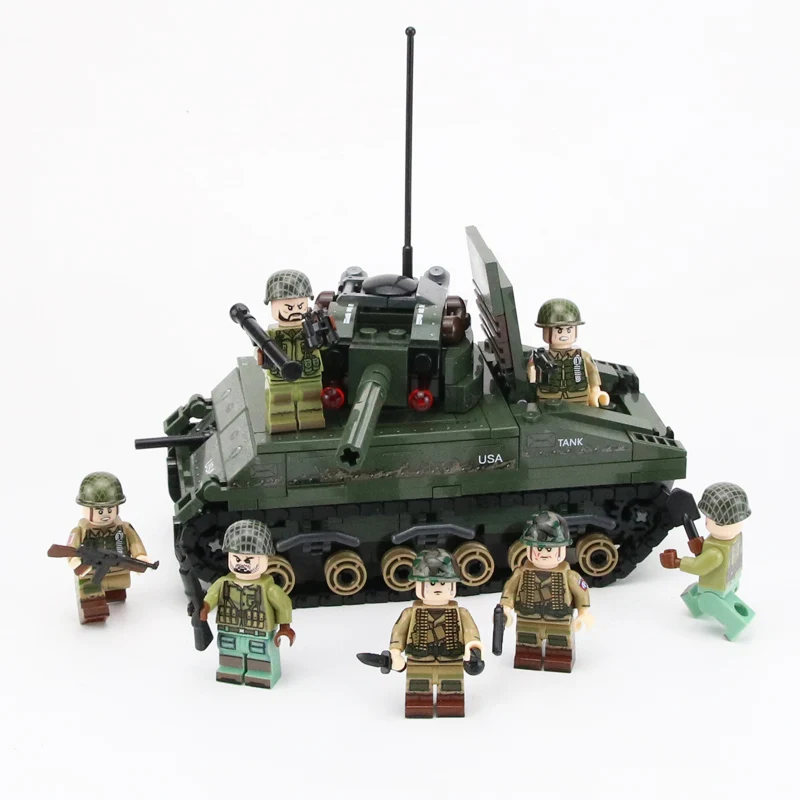  WW2 Military US Sherman M4 Tank Model Building Blocks US Army Soldiers Figures Helmet Weapons Brick