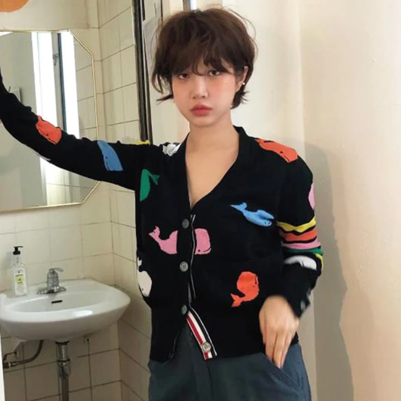 

Funny Colorful Little Whale Print Sweater Women Cardigan Knitted Jumper Short Petite Pull Femme Jersey Mujer
