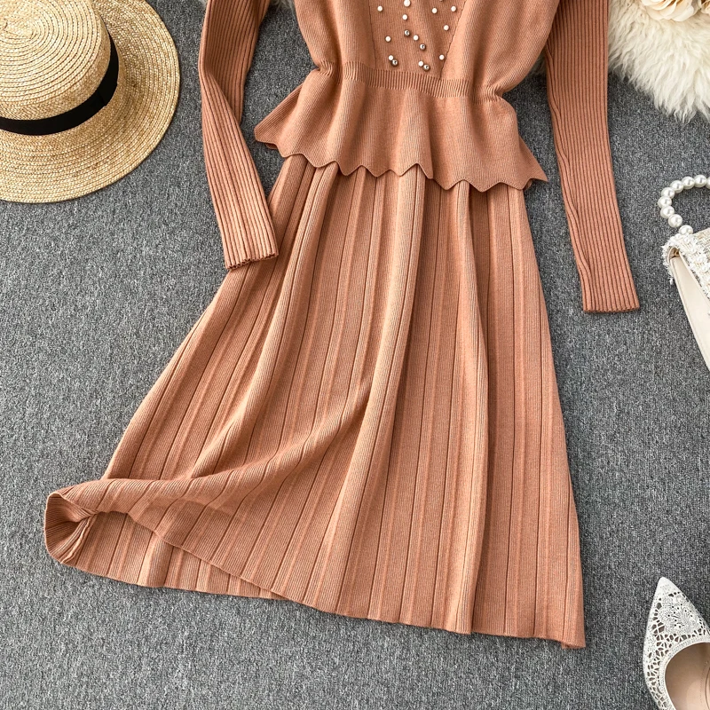 ALPHALMODA осенний женский элегантный костюм из 2 предметов жилет с бисером+ плиссированное платье с высоким воротником зимний комплект из 2 предметов