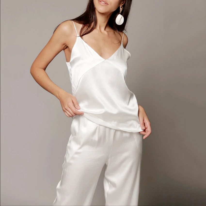 HiLoc V-Neck Sexy Sleepwear Silk Satin Pajamas For Women Sets Basic  Spaghetti Strap Black White Spring Home Suit Female Set 2021