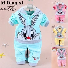 Одежда для детей; костюм с длинными рукавами из хлопка на весну и осень; Повседневный пуловер из двух предметов с рисунком кролика