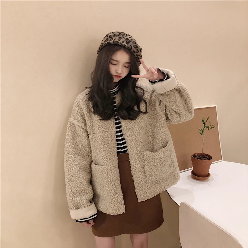 2 цвета, Двусторонняя одежда, осенние и зимние одноцветные теплые пальто и куртки из овечьей шерсти для женщин(CX808