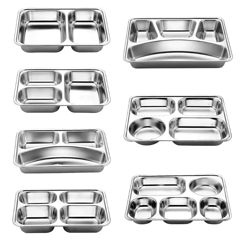 Stainless Steel Divided Dinner Tray Lunch Container Food Plate for School Canteen 3/5/4 Section