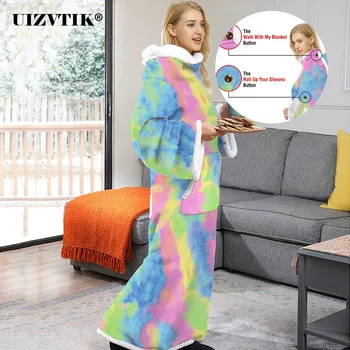 

Unisex Lamb Cashmere Home Wearable Blanket Dress Tie-dye Dot Print Long Couple Outfit 2020 Winter Thick Warm Loose Maxi Dresses