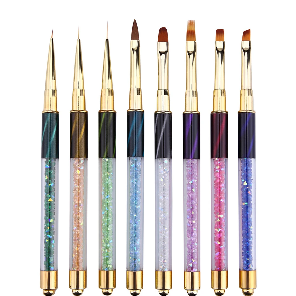 8 Types Nail Art Stripe Lines Pen Painting Cat Eye Brush Acrylic UV GEL Extension Builder Drawing Rhinestone Handle Pen Tools