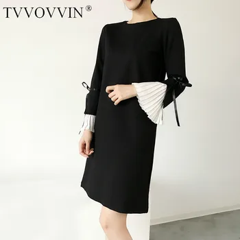 

TVVOVVIN 2019 New Spring Summer Black Round Neck Ruffle Bandage Bow Long Sleeve Pleated Spliced Keen Dress Women Fashion D261
