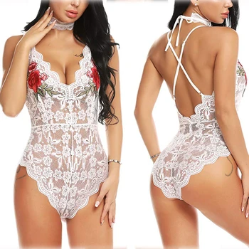 

Women's Erotic Lingerie Sexy Print Lace Sheer V Neck Backless Sling Siamese Lingerie Sleepwear