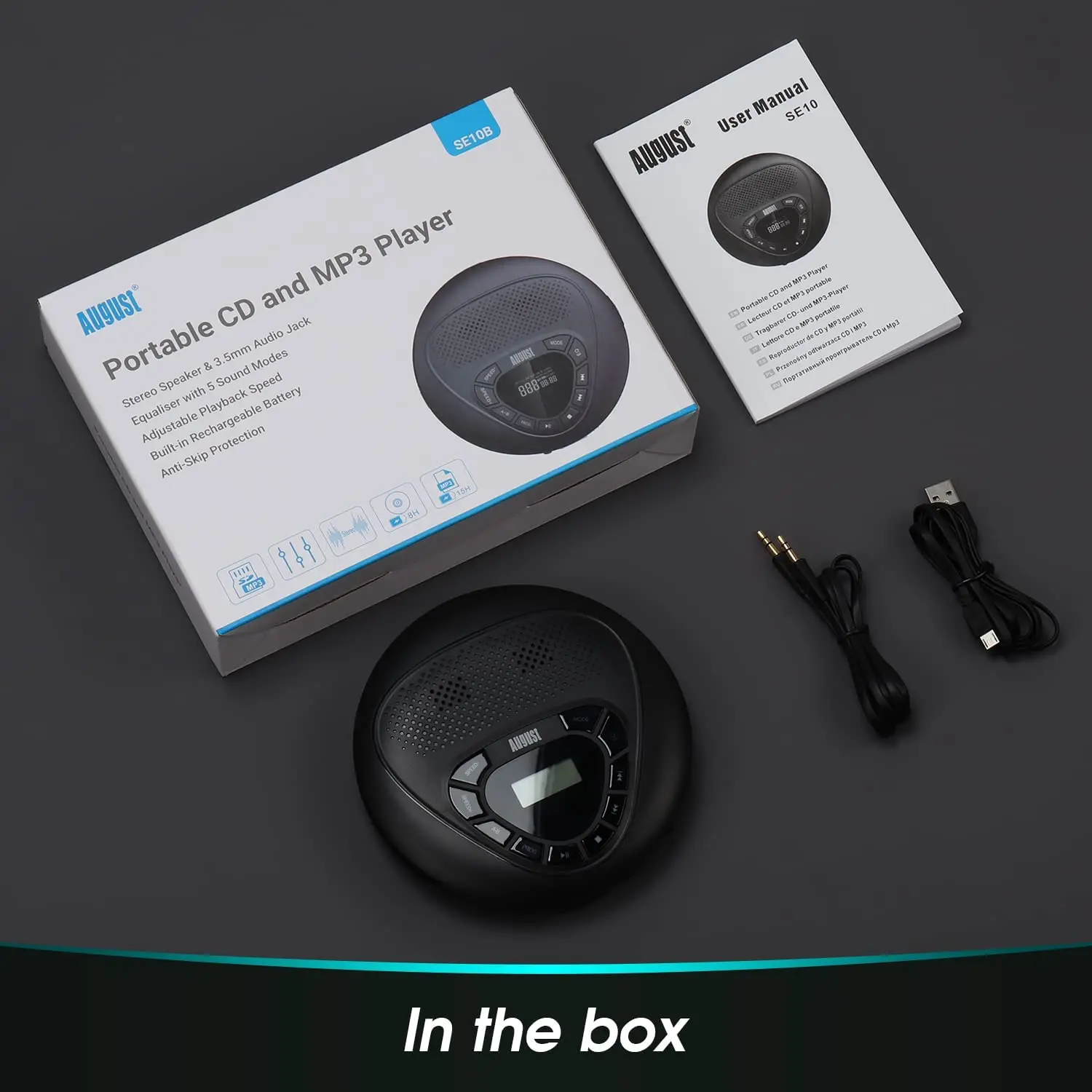 August SE10 Portable CD Player portable cd player Headphone HiFi Music Reproductor CD Rechargeable Player Support TF Card With AUX Cable