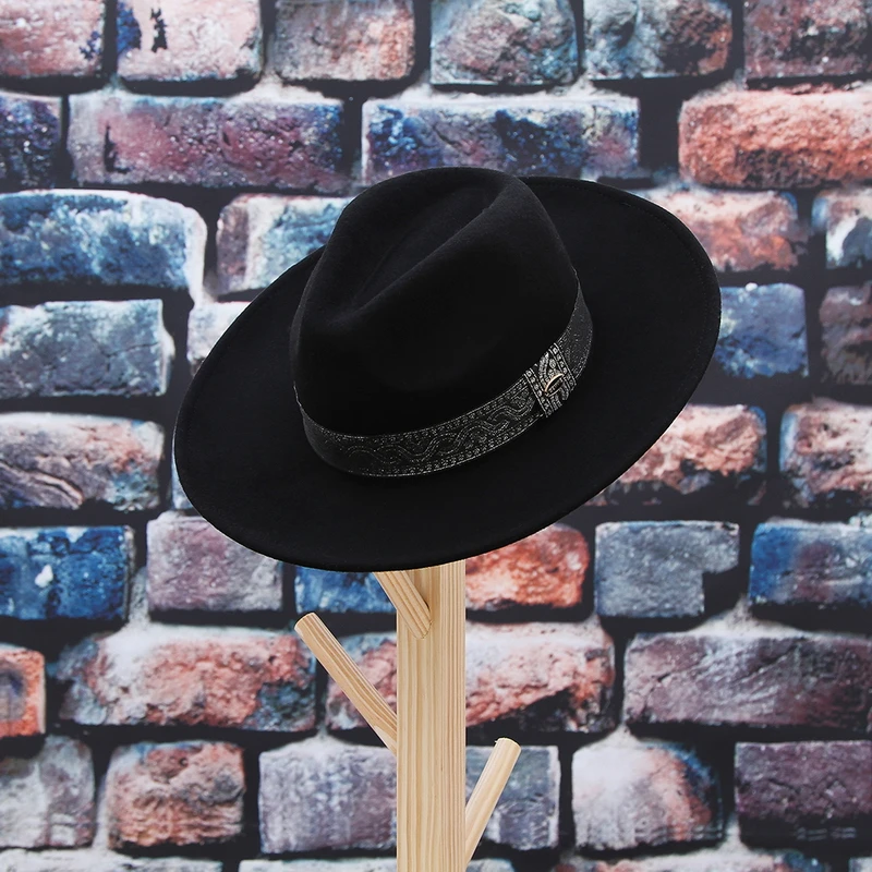 GEMVIE Высококачественная фетровая шляпа унисекс из шерсти для мужчин и женщин с широкими полями классическая джазовая Кепка винтажная лента с принтом