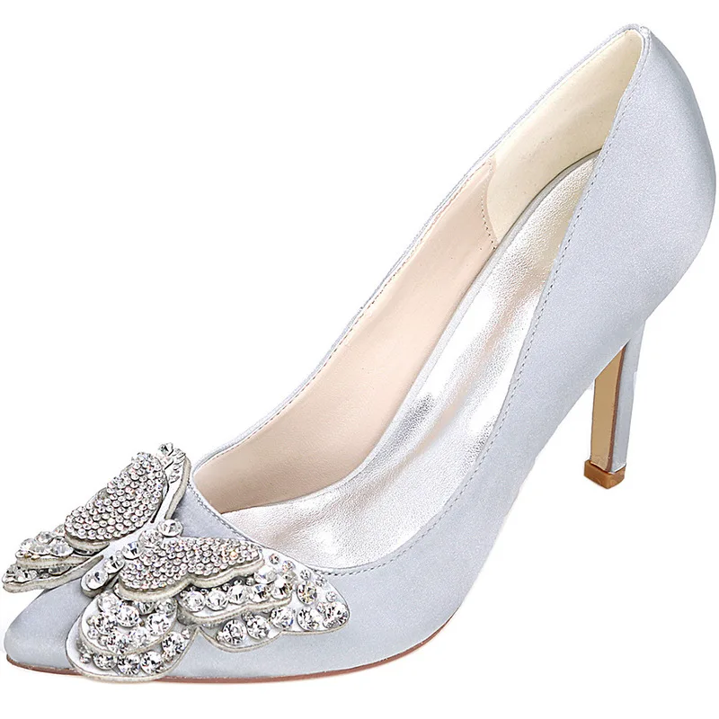Pointed Toe Women Pumps Wedding Party Thin Heel Shoes Flock 9.5CM Thin High heels Slip On Rhinestones Butterfly-knot Bling