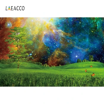 

Laeacco Wonderland Starry Sky Green Grassland Trees Photography Backgrounds Newborn Portrait Backdrops Baby Shower Photophone