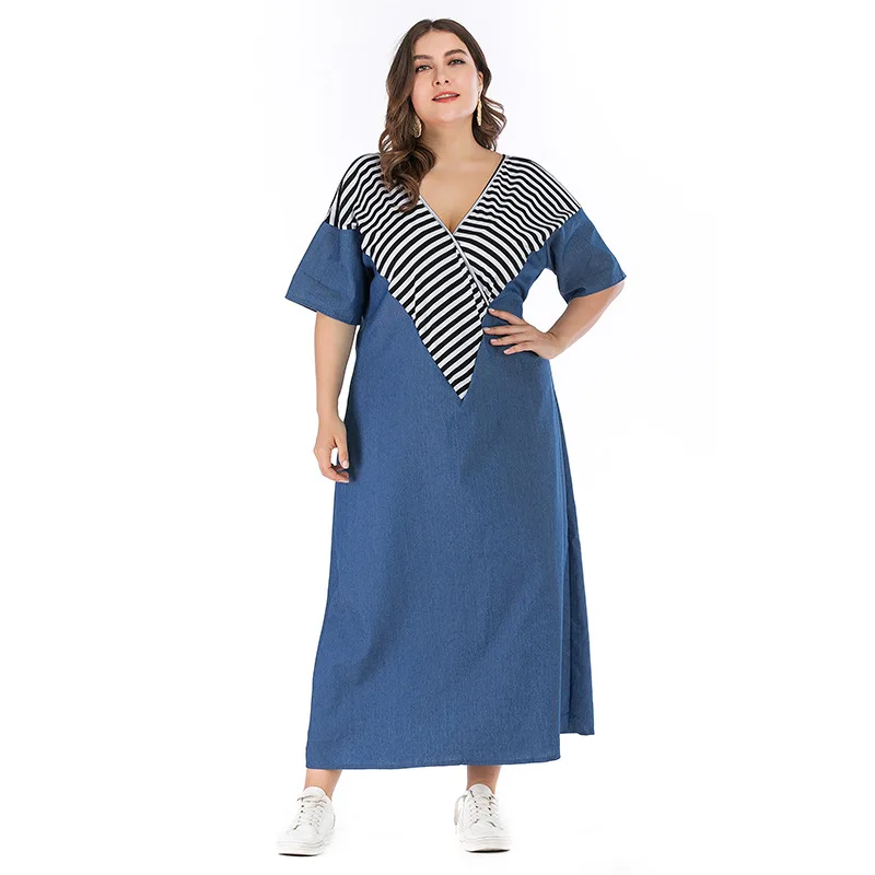 

Plus Size Jeans Dress 2019 Deep V Loose Striped Women Blue Dress Summer Femle Loose Long Maxi Dress Ladies Elegant Maxi Vestidos