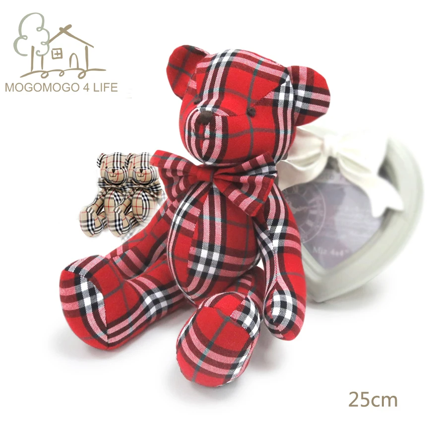 

25cm Luxury 100% hand-made high quality red brown striped square pattern design teddy bear plush toys
