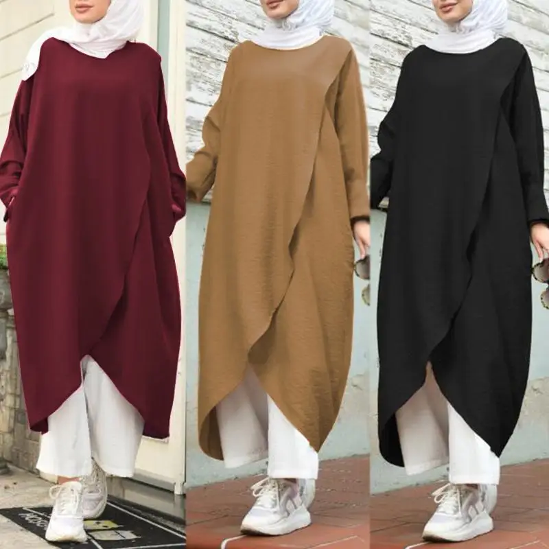Retro Muslim Dress Womens Asymmetrical Sundress ZANZEA 2020 Casual Long Sleeve Maxi Vestidos Female O Neck Islamic Robe 5XL