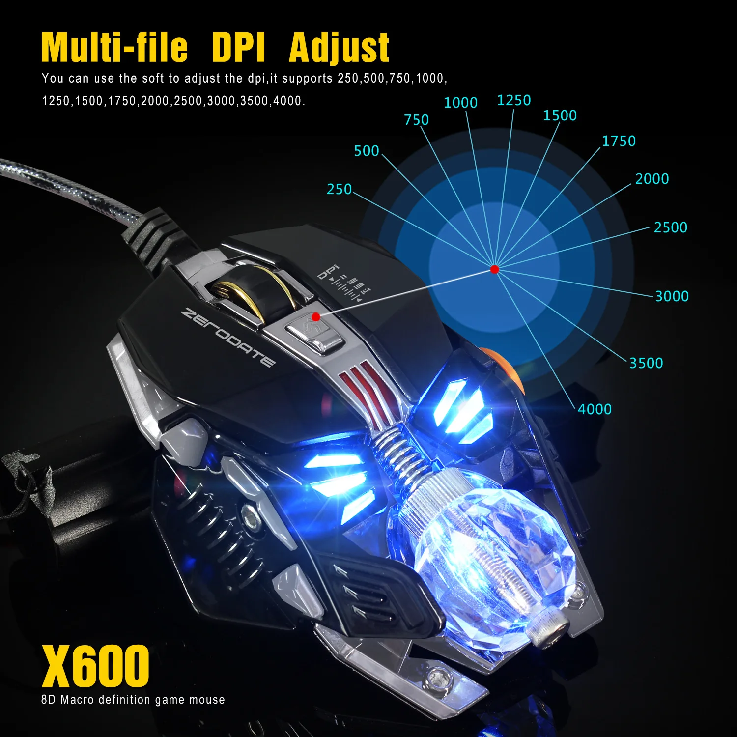 Профессиональная Проводная игровая мышь USB Проводная мышь 4000 dpi Регулируемая USprogramwith светодиодный мышь с подсветкой для ПК игры