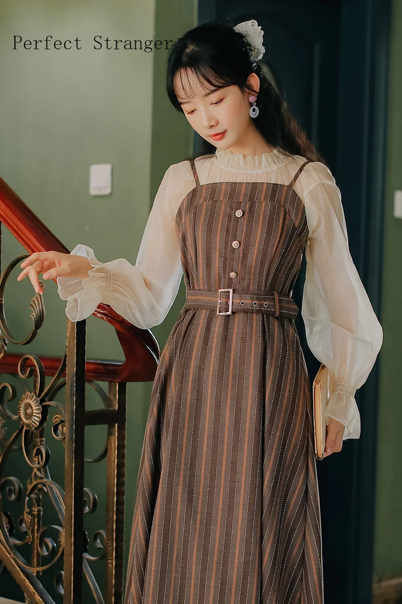 High Quality Retro 2020 Autumn New Arrival Two Pieces Stand Blouse +Brace Long Dress
