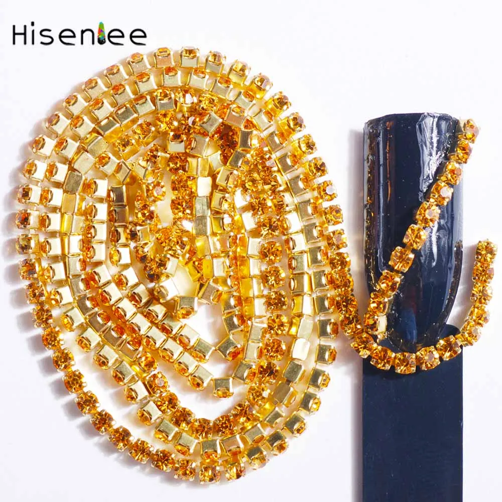 Gold Bottom Golden 60 см/шт., 2,0 мм, кристаллы, стразы, цепочка, золото/серебро, основа, плотные Стразы для ногтей, украшения, аксессуары - Цвет: Gold Bottom Golden