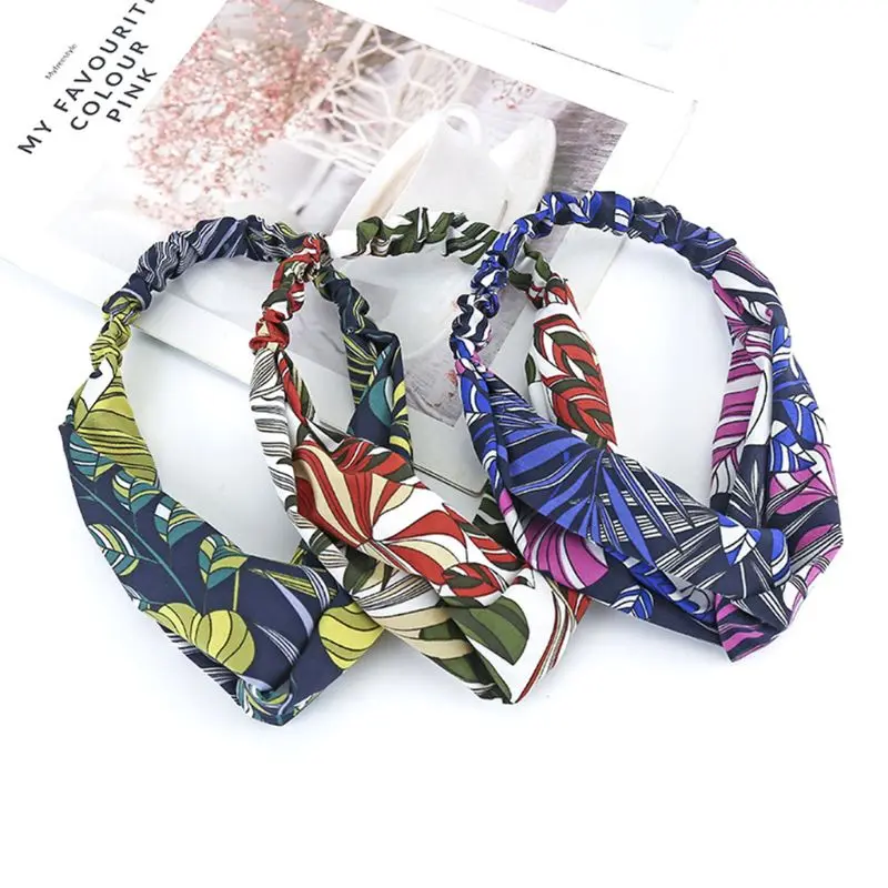 

Elegant Fashion Women Girls Outdoor Sports Headband Bright Contrast Color Tropical Leaves Hairband Summer Twist Knotted Turban