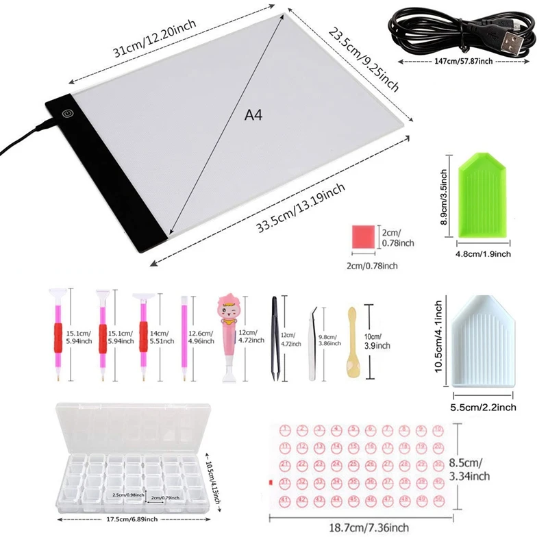 

Hot New 65Pcs Diy Diamond Painting Tools With A4 Pad Clip USB Cable Bracket Glue Sticky Pen Plate Bag Tweezer Box