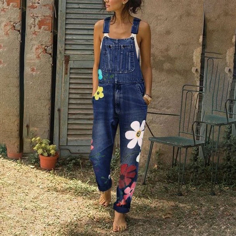 

Women Jeans Jumpsuit Autumn Winter Fashion Casual Sleeveless Floral Denim Jeans Full Length Overall Slim Fit Ladies Jumpsuit