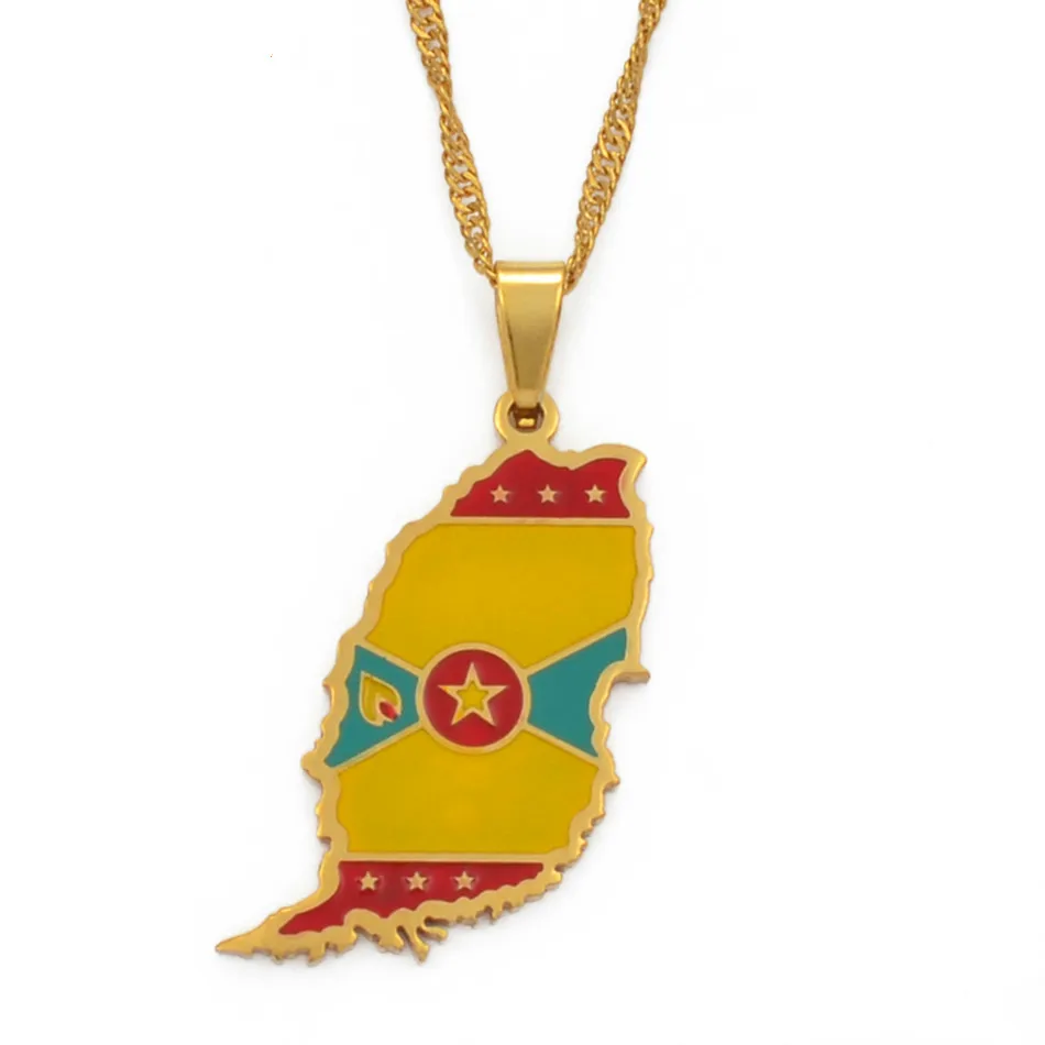 

VILAGE Gold Color Grenada Island Map Flag Pendant and Water Wave Necklaces Jewelry Gifts