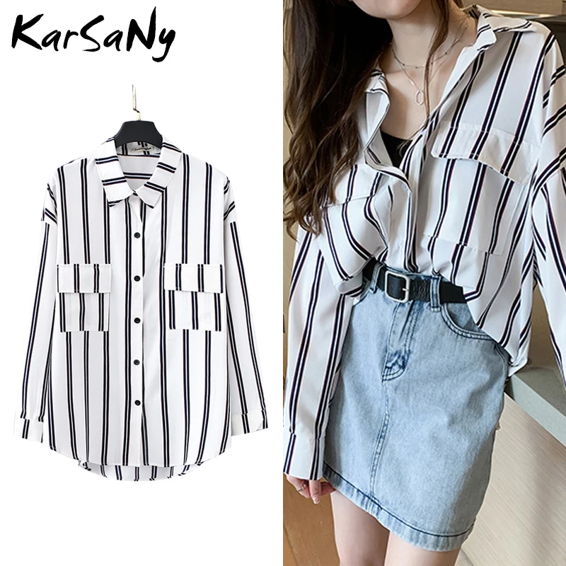 Women Shirts Long Sleeve Shirt Oversized Stripe Blouse Long Sleeve Striped Shirt Women Blouses 2020 Spring Blouse Shirts White