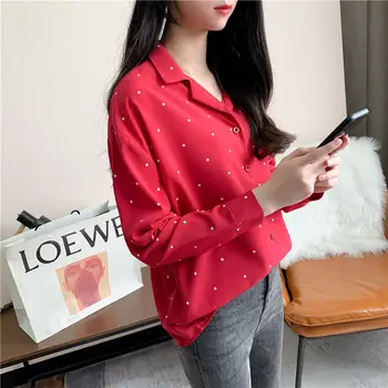 

2020 Spring New Retro Polka Dot Chiffon Blouse Turn-down collar Long sleeve Loose Blouse Tunic Work Chic Chemise
