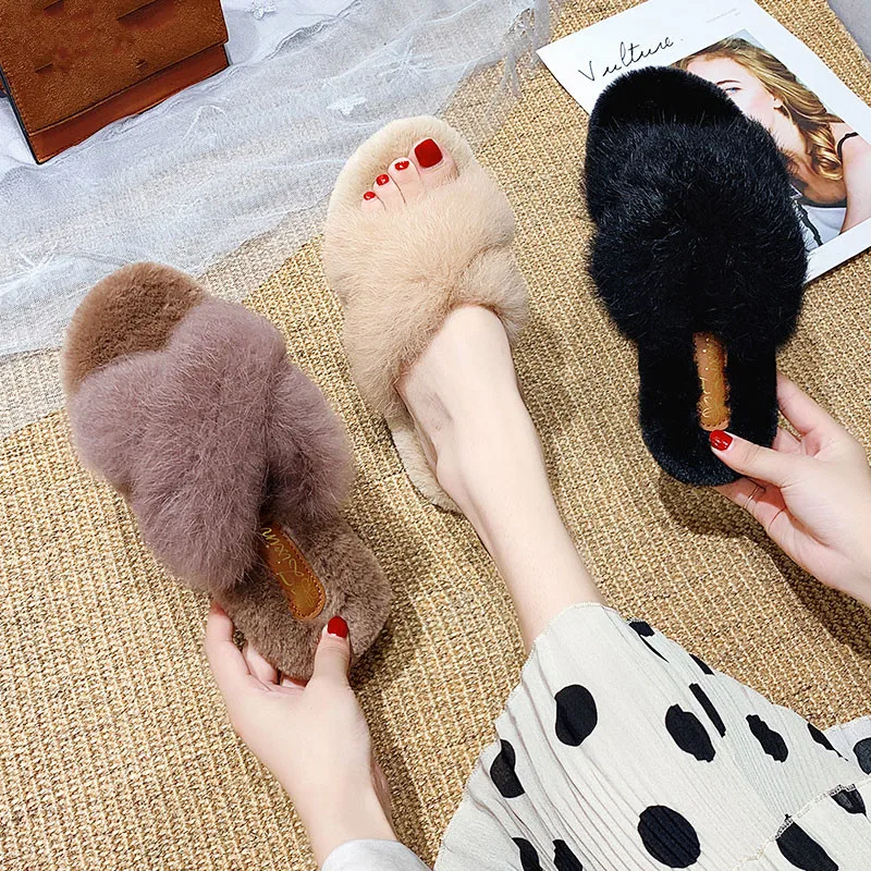 

Slippers Fur Low Luxury Slides Shoes Shose Women Flock Plush Designer 2019 Flat Basic Rubber PU Cross-tied Bonded Leather