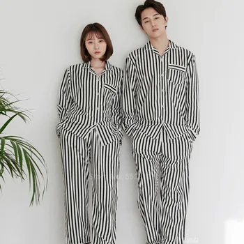 

2020 Adults Autumn Long Sleeve Top Pants Women Pajamas Sets Couple Clothing Striped Cotton Comfortable Pyjamas Men Sleepwear Set