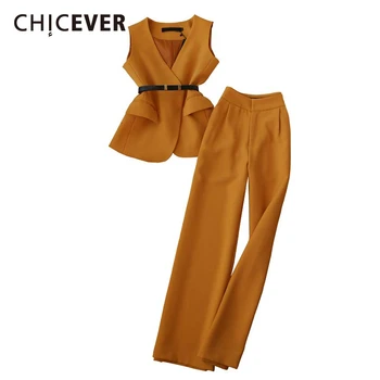 

CHICEVER Korean Two Piece Set Female V Neck Sleeveless Tank Sashes Tunic Vest High Waist Pants Suits Women Clothes 2020 Fashion
