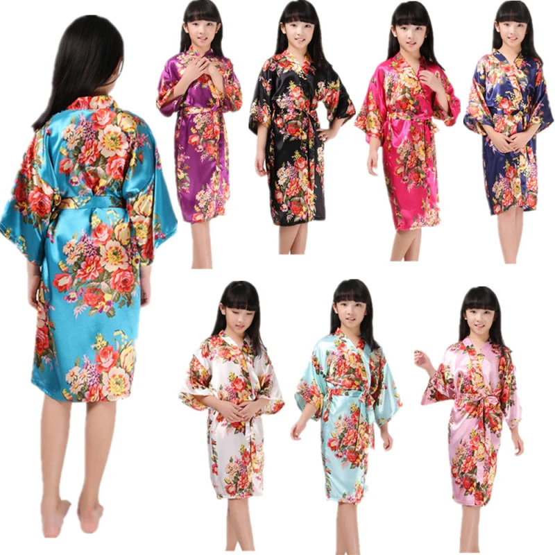 Satin Silk Kids Robe Kimono Bridal Bridesmaid Flower Girls Dress Gown Bathrobe