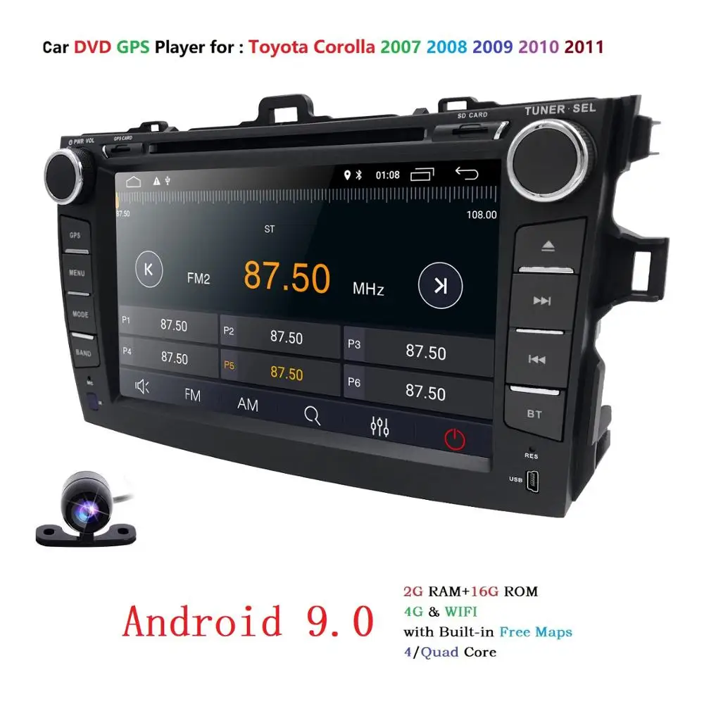 Best NEW !Car DVD GPS 2 Din Android 9.0 7" Display For Toyota corolla 2007-2011 in-dash car radio with BT USB SD GPS Navi Camera DAB+ 1