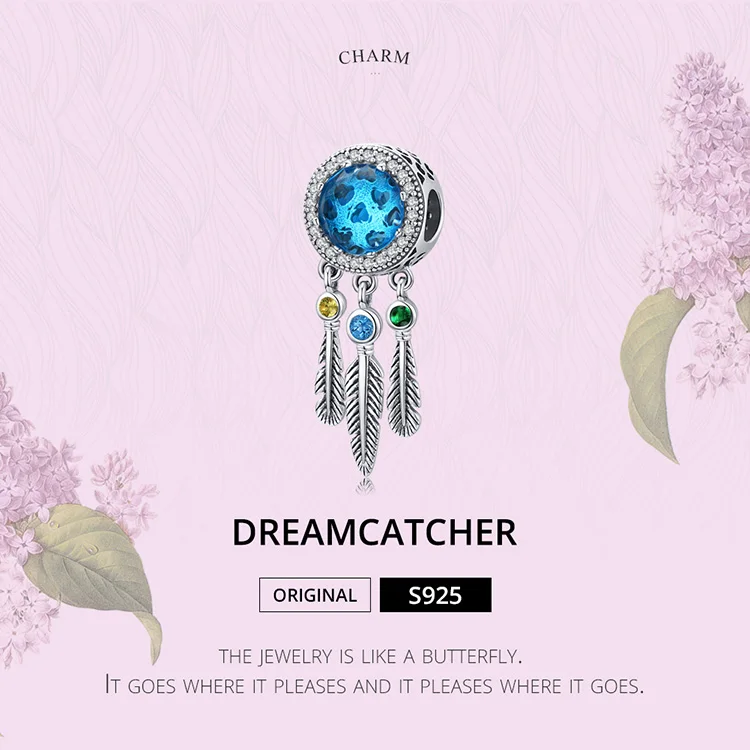 Браслет Pandora, серебро 925,, голубой CZ, Ловец снов, амулеты, S925, Круглый, Богемия, перо, циркон, бусины для изготовления ювелирных изделий