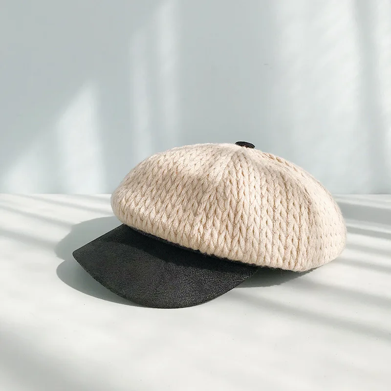 beige Модные шерстяные Зимние береты, шапка для женщин, кепка газетчика, кошечная шерсть, теплый осенний женский берет, восьмиугольная шапка - Цвет: beige