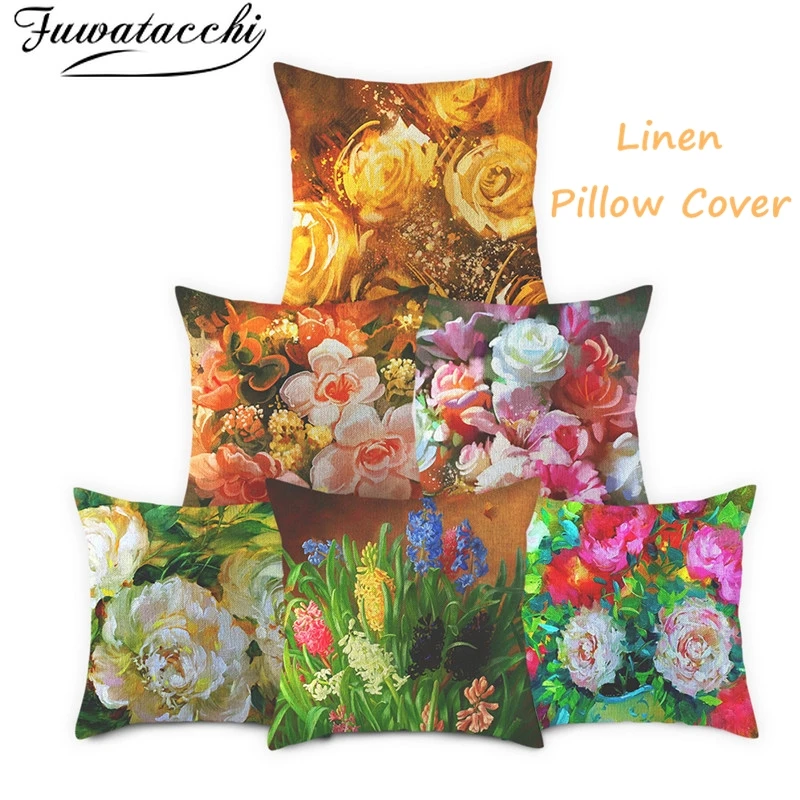 

Fuwatacchi Retro Linen Cushion Covers Colorful Flowers Pattern Pillow Cover for Home Chair Sofa Decorative Pillowcases 45x45cm