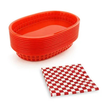

12pcs Large Fast Food Baskets 24pcs Checkered Wax Paper Dozen Plastic Food Bread Dinner Tray Serving Platter Black Restaurant
