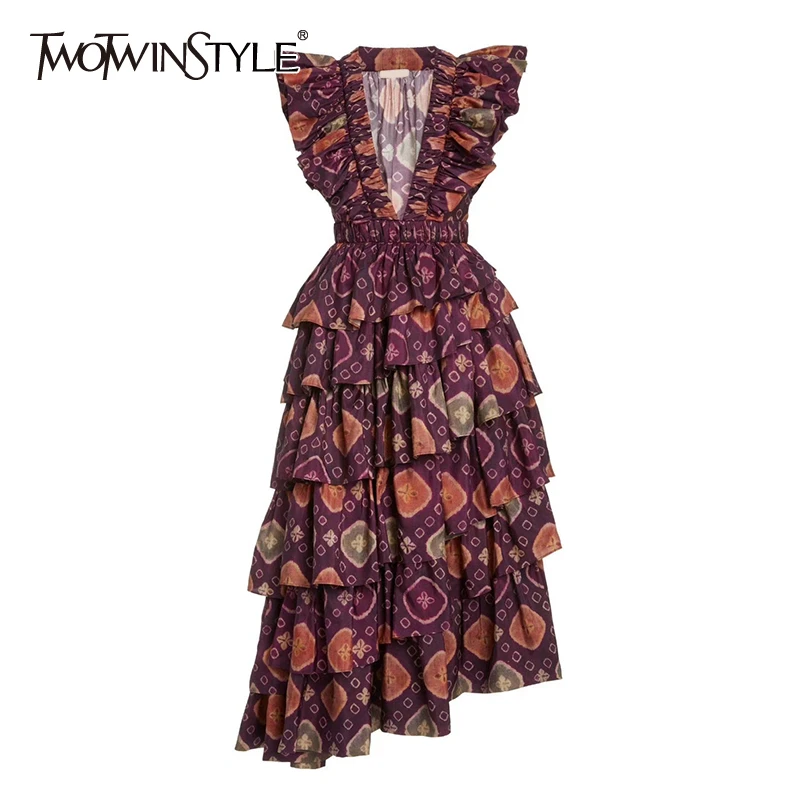 TWOTWINSTYLE Elegant Elegant Print Dresses Fenake V Neck Butterfly Short Sleeve High Waist Cascading Ruffles Summer Dress Women TWOTWINSTYLE Elegant Elegant Print Dresses Fenake V Neck Butterfly Short Sleeve High Waist Cascading Ruffles Summer Dress Women